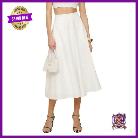 Cotton Linen Midi Skirt with Pockets Elastic Waist A-Line Pleated